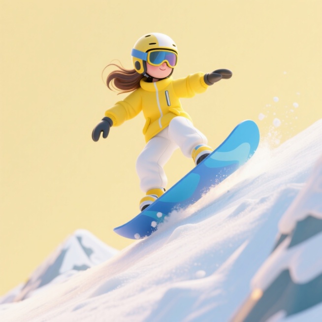 画面主视觉是腾空的女孩，从雪山上冲下来，身着亮黄色滑雪服、白色雪裤，佩戴头盔与可视护目镜，脚踩蓝色单板，呈动感滑行姿态。浅黄色纯色背景预览效果