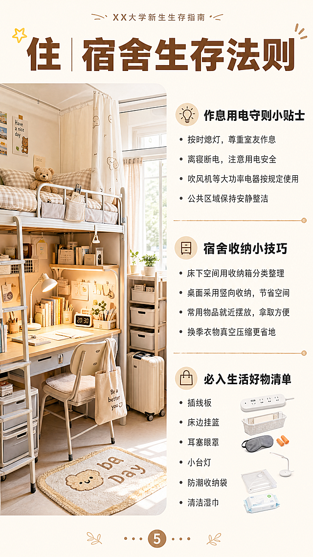 [第5屏] 住｜宿舍生存法则页，XX大学新生生存指南内容页，分享宿舍生活攻略。[氛围/风格] 温馨治愈风，贴近宿舍生活场景，清晰整洁。[元素布局] 顶部大标题“住｜宿舍生存法则”，左侧区域放置温馨宿舍书桌/床铺实景示意图，右侧区域分三个文字模块：1.作息用电守则小贴士，2.宿舍收纳小技巧，3.必入生活好物清单，图文左右排布，每个模块用小图标搭配标题，清晰区分。[光影质感] 柔和暖光，实景感自然，文字与图片边界清晰，整体明亮通透。[配色色系] 浅米白背景，标题暖棕色，文字深灰色，模块点缀浅木色分割线，整体温馨和谐，配色统一。[视角构图] 9:16竖版，左图右文结构，上下留足边距，分区清晰不拥挤。[文字版式] 大标题加粗放顶部，每个模块标题加粗，清单用点符排列，行间距舒适，手机阅读清晰可辨。[比例分辨率] 9:16竖版，4K分辨率，文字清晰可辨。[负向提示词] 图片失真，文字错乱，排版拥挤，颜色暗沉，水印，背景杂乱