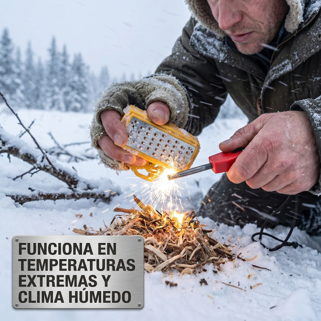 极端户外风雪环境场景，这款生火器套装在风雪中正常工作产生火花，欧美人在低温潮湿环境下使用它成功引火，画面超清细节丰富真实自然，产品主体特征完全保留，画面角落添加西班牙语文案 "Funciona en预览效果
