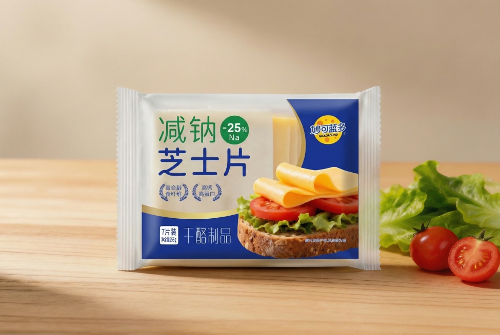 请把图1这个平面设计图做成像图2效果一样的立体包装袋样机，造型、尺寸、文字和图案和图1保持一致，袋身是白色区域磨砂透明，材质和效果参考图2的袋子，袋子白色区域可以看到里面米白黄色芝士片，图片比例3：2预览效果