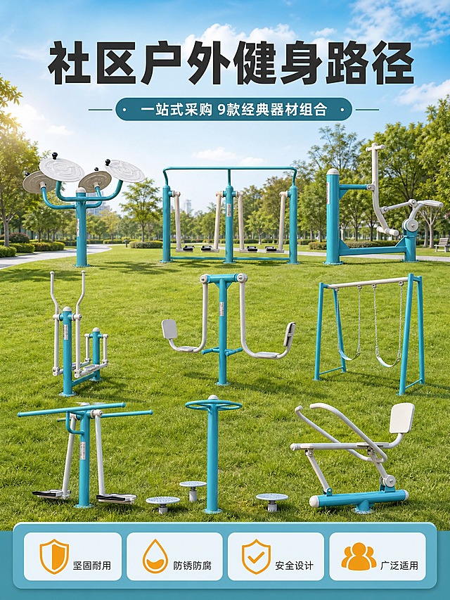 [商品] 使用【图1】全部9款户外健身器材（太极揉推器、三位漫步机、健骑机、椭圆机、坐蹬训练器、双人秋千、三位压腿器、扭腰器、腹肌板）；保留每款器材的蓝白配色、金属管材结构、部件形状、比例和功能方向，不改变任何器材的外观结构与颜色。
[画面] 首屏KV海报，目标是展示户外健身器材套装全家福与使用场景。产品矩阵式错落摆放在阳光明媚的社区公园草坪上，背景有绿树、步道和蓝天白云，营造户外公共健身氛围。9款器材分3组错落摆放，主体占画面65%，前景草地、中景器材群、后景虚化树木与天空。顶部大标题区，底部配副标题和短卖点条。
[视觉] 套系策略：风格=现代简约工业风商业摄影；标题字=粗黑体；正文字=常规黑体；主色=青蓝色（取自器材立柱色）；背景延展=基于青蓝色做深浅层级、同色渐变和天空/草地自然质感；强调色=橙黄色，仅用于小面积图标、引线和标签；标题色=深炭灰；正文色=中灰；组件=圆角信息卡、细线引线、图标标签；光影=上午自然光，左前侧暖柔光，器材有自然投影。
[文字] 顶部居中主标题"社区户外健身路径"，副标题"一站式采购 9款经典器材组合"，底部信息条4个短卖点：坚固耐用 | 防锈防腐 | 安全设计 | 广泛适用。文字均为横排，不遮挡器材主体关键结构。
[规格] 图片比例3:4竖版，4K，避免变形、错字、文字过小、器材结构改变、颜色失真、冷灰背景、连续同构。