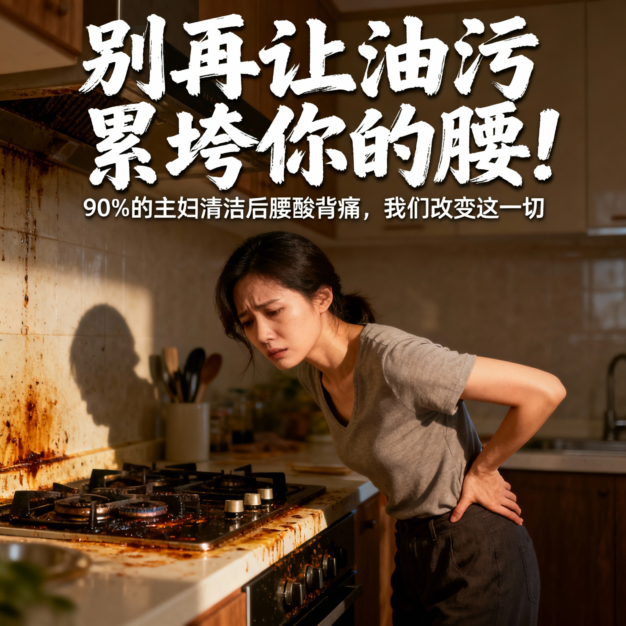 第1张：痛点冲击 “别再让油污累垮你的腰！” （副标：90%的… - 图片创意预览
