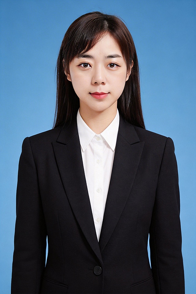 https://gdesign-dam-hz.dancf.com/35863077623015502/5a6df589e5544f46950e1ae586f30fa0.png https://gaoding-market.dancf.com/market-operations/independent/side/1a1e6d9007894e95b4e945d34d2d1663/1772677880129.png 保留第一张图中人物发型､脸型､年龄特征生成标准样式纯正面全身证件照;人物主体严格居中,头部大小与位置严格对齐第二张图,双肩水平平衡,面部中轴线对齐画面中心,正视前方;标准证件照构图,人物绝对居中;头顶上方距离上边缘高度10%,下巴距离画面下边缘高度30%,人物主体占比约68%;肩部平展与画面水平轴平行;头部占比严格对齐第二张图;标准焦段50mm,纯正面,全身入境,涵盖完整人物全身范围,F/4光圈(兼容F/2.8-F/4区间),平视视角(镜头与人物视线完全齐平),正视视图;人物绝对居中(居中构图),位于画面中心;严格限定标准证件照规格;头顶上方距离上边缘高度10%,下巴距离画面下边缘高度30%,肩部平展,头部占比严格对齐垫图;年轻亚洲女性,身着修身精纺羊毛混纺面料的黑色西装外套(含5%桑蚕丝提升柔光质感),平驳领(商务感正式感);内搭白色翻领衬衫,无首饰,不戴眼镜,不戴帽子,无头饰,无发带,提亮肤色,消除暗沉,清透裸妆,隐形毛孔,均匀肤色,唇色自然提亮;肤色白皙细腻,轻透裸妆+微微提亮;底妆轻薄服帖;淡妆:极细内眼线,唇色微微润泽;眼神澄澈,看向镜头,气质自信,嘴角微微上扬表情自然;耳廓可见度一致;肩部平展,肩线与画面水平轴平行;头肩比例协调呈现;免冠,五官完全露出,柔和正面顺光均匀柔光,面部明亮无硬影,背景均匀提亮,画质清晰,零噪点降噪;面部清晰;均匀柔和布光,无明显阴影,面部光影干净,柔光正面打光,自然光影过渡,皮肤质感细腻,哑光质感,极简纯色蓝色背景;背景亮度均匀统一(哑光质感);高清锐利画质,细节清晰可见;零噪点处理;色彩还原自然,专业证件照质感,高清人像质感,细腻皮肤纹理,高分辨率,严格按照第一张图内容生成｡