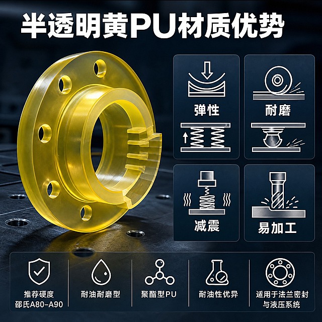 [主图-3] 主题：半透明黄PU材质卖点图。唯一任务：突出半透明黄PU的四大核心性能卖点及关键参数，建立材质信任，证明为什么适合机械密封法兰件。
[统一基调] 硬核工业风，深蓝灰色工业质感背景，白色文字，清晰端正无衬线字体，字体不变形不拉伸不压扁，硬核专业工业感。
[画面] 画面左侧或中心偏左位置放置一个半透明黄色法兰形PU零件，呈45度角摆放，展示法兰结构和半透明通透质感，可做局部截面展示内部均匀结构和密封槽细节。画面右侧和下方分布四大卖点的图标+文字组合，以2x2网格或错落工业卡片形式排列：弹性（配压缩回弹示意图标）、耐磨（配摩擦测试示意图标）、减震（配缓冲吸能示意图标）、易加工（配刀具切削示意图标）。底部区域补充关键参数信息：推荐硬度邵氏A80–A90、耐油耐磨型、聚酯型PU、耐油性优异、适用于法兰密封与液压系统。整体构图饱满硬核，信息层次分明，工业感强。
[光影质感] 硬核工业产品摄影质感，PU法兰光影真实，半透明黄色通透质感表现到位，光线穿透边缘形成温润黄光。图标为简约白色工业线性风格，与产品摄影风格协调统一。
[配色] 深蓝灰色工业质感背景，主体半透明暖黄色，图标和文字全部为纯白色，整体深蓝灰+暖黄+白的硬核工业配色，专业厚重。
[文字版式] 顶部有白色粗体无衬线主标题"半透明黄PU材质优势"。四大卖点名称"弹性""耐磨""减震""易加工"为白色粗体无衬线字体，配对应简约白色图标。底部参数文字为白色常规无衬线字体，字号较小，包含"推荐硬度 邵氏A80–A90""耐油耐磨型""聚酯型PU""耐油性优异""适用于法兰密封与液压系统"。所有文字清晰端正不变形，横排排列。画面仅出现以上指定文字，不出现任何额外文字、水印或logo。
[输出要求] 1:1正方形，2048*2048像素，卖点清晰，半透明材质表现真实，工业感强，文字全部清晰可读，信息层次分明。负向：变形、错字、模糊、杂乱、水印、logo、多余文字、材质失真、颜色偏差、半透明效果差、法兰结构错误。