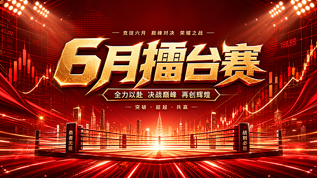 金融行业6月擂台赛PPT封面，红色主色调，风格热血激情充满能量，融入金融数据元素与竞技擂台元素，大气商务，标题文字"6月擂台赛"