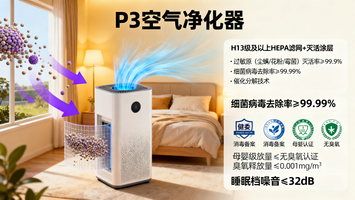 P3空气净化器放置在温馨室内卧室，使用文字描述：H13 级及以上 HEPA 滤网 + 灭活涂层，过敏原（尘螨 / 花粉 / 霉菌）灭活率≥99.9%，细菌病毒去除率≥99.99%，催化分解技术，健委消预览效果