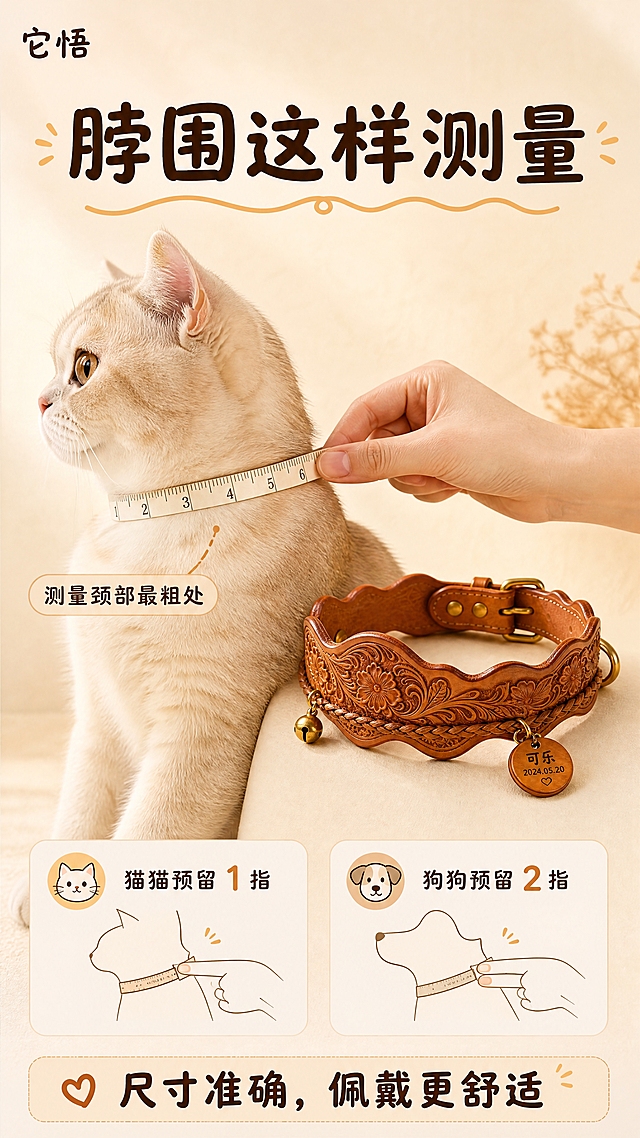 [商品] 使用【图1】它悟头层牛皮宠物项圈；保留波浪形皮边、唐草雕花、编织绳、黄铜五金、圆形铭牌（刻有"可乐 2024.05.20"字样）、铃铛、品牌名"它悟"；自然理顺皮料纹理，增强缝线、五金光泽和皮面质感，不改变版型和结构。
[画面] 目标：教会用户正确测量宠物脖围，画面温柔不杂乱。构图：画面中央是一只可爱猫咪的简化示意侧影，软尺环绕猫咪颈部最粗处，右侧平放一条它悟牛皮项圈做尺寸参照；上方留白放主标题，下方放说明和提示文字。景别：中景，主体占画面约55%。阅读动线：从上到下。前中后景：浅米色背景、宠物示意+软尺+项圈、文字信息层。
[视觉] 套系策略：风格=温暖手作感商业摄影，日系治愈风；标题字=圆润粗黑体；正文字=简洁圆角无衬线体；主色=浅米杏；背景延展=基于浅米杏做深浅层级、同色渐变和细腻纸张/毛毡质感；强调色=焦糖棕，仅用于小面积图标、引线和标签；标题色=深棕褐；正文色=中暖棕；组件=圆角浅底信息卡、细曲线引线、圆点装饰；光影=左前侧暖柔光，柔和自然阴影。
[文字] 顶部主标题：脖围这样测量；中部说明：测量颈部最粗处；下方提示：猫猫预留1指  狗狗预留2指；底部强调：尺寸准确，佩戴更舒适。文字全部横排，不遮挡项圈主体和宠物示意。
[规格] 图片比例9:16竖版，4K分辨率，抖音详情页适配；避免变形、错字、文字过小、冷蓝/蓝灰背景、项圈颜色改变、版型失真。