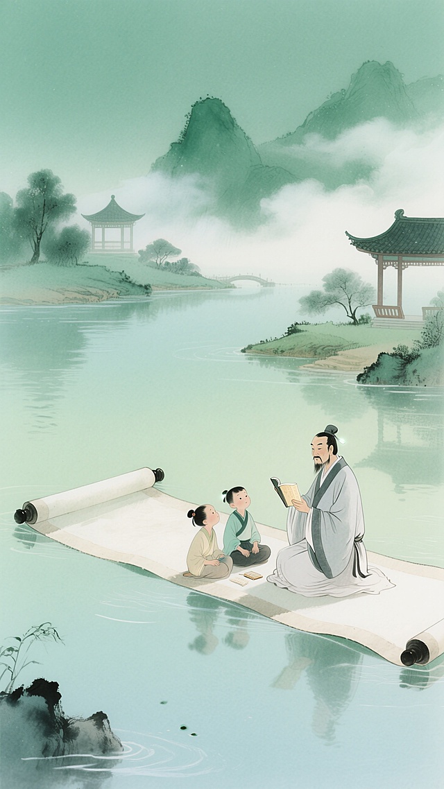 水墨风，浅绿渐变底色，一个巨大的展开放在河上的卷轴，一个古代教师和两个孩子坐在上面，讲学。背景青绿山水，点缀古亭，云雾