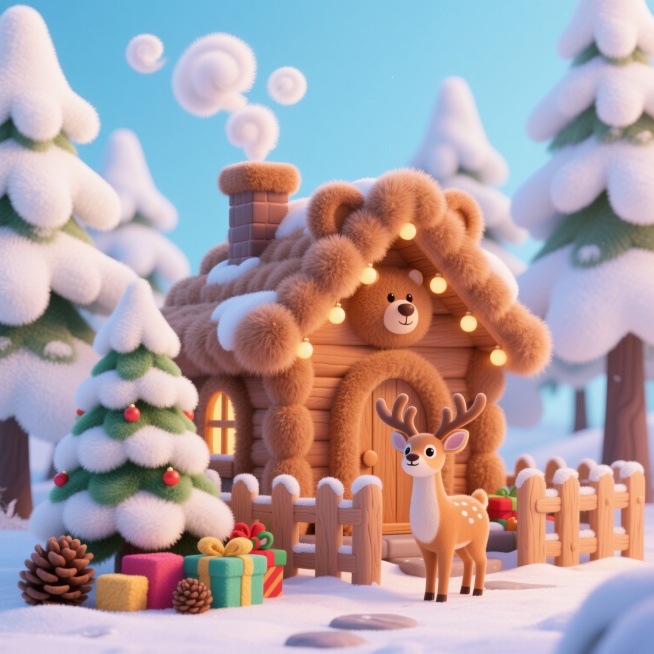 冬日森林深处，一座温馨的小木屋藏在其中，屋顶和墙壁覆盖着柔软的棕色熊毛绒，质感蓬松温暖，烟囱里飘出几个毛绒质感的烟圈，轻盈地在空中浮动。木屋门口，用毛绒编织的木栅栏围成小院，线条圆润可爱。周围的松树被预览效果
