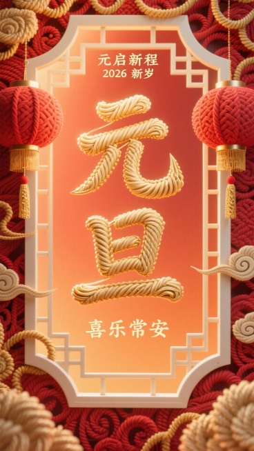 风格调性：毛线装饰艺术融合传统新年窗花美学，突出毛线编织的软糯纹理与温暖质感，整体氛围温馨雅致，兼具传统韵味与细腻触感；画面整体配色 / 色调：背景为暖橙红渐变主色，金色（毛线 “元旦” 字）、红色（预览效果