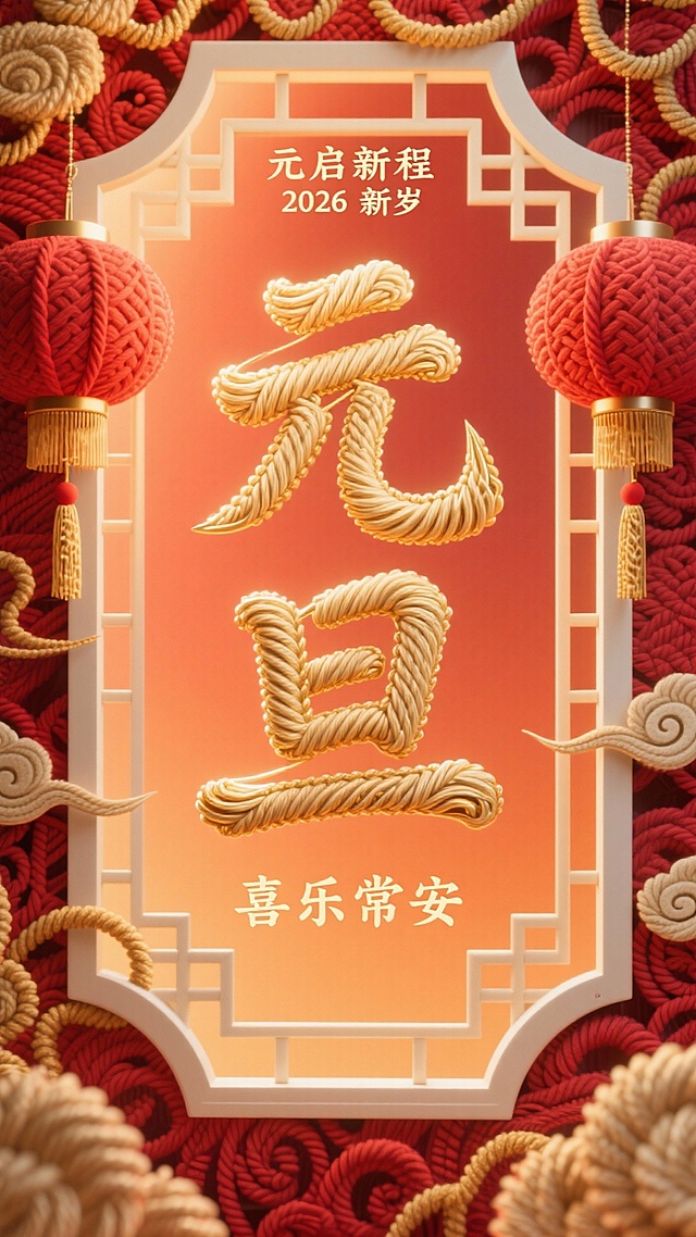 风格调性：毛线装饰艺术融合传统新年窗花美学，突出毛线编织的软糯纹理与温暖质感，整体氛围温馨雅致，兼具传统韵味与细腻触感；画面整体配色 / 色调：背景为暖橙红渐变主色，金色（毛线 “元旦” 字）、红色（毛线灯笼 / 窗花）为核心搭配，点缀米白色（窗花边缘勾线），色调统一且富有层次感，强化新年喜庆感；画面视角：正面平视视角，中心元素清晰聚焦，背景窗花底纹轻微虚化，主次分明；画面构图：竖向中心聚焦构图，“元旦” 字艺术字占据画面 60% 核心区域，上下分布辅助文案，左右对称摆放红色毛线灯笼；场景内容：新年窗花主题场景，背景是毛线编织的立体窗花纹理（如意纹、祥云纹交错），角落垂挂金色毛线流苏，灯笼表面有编织暗纹；产品（元旦字）位置：画面正中心，竖向排列；产品角度：正面垂直展示，毛线缠绕纹理清晰可见，边缘有细微光泽感；产品大小：大于两侧灯笼，小于整体画面，确保主体突出；产品放置：悬浮于窗花背景中央，无额外承载物；所有元素关系：“元旦” 字为核心，左右灯笼对称分布，上方排列 “元启新程”“2026 新岁”（毛线质感字体），下方排列 “喜乐常安”，窗花底纹作为背景衬托，所有元素围绕核心呈对称布局；产品与环境关系：金色毛线元旦字与窗花的编织纹理呼应，暖光从上方洒下，在字体重叠处形成柔和阴影，强化材质软糯感与场景喜庆氛围；细节补充：窗花边缘用金色毛线勾勒线条，文案字体与 “元旦” 字纹理一致，添加漫射暖光，整体静态展示，凸显毛线材质细节与新年温馨感。