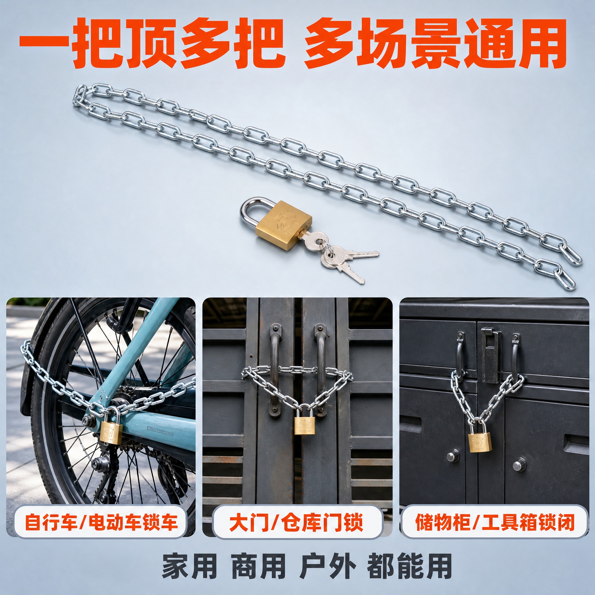 [主图-3] 多场景应用图，主题是镀锌链条铜挂锁的多种使用场景… - 图片创意预览