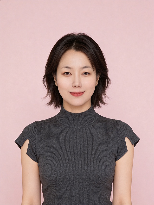 参考第一张图保留人物脸型､年龄等特征生成职场韩系肖像照,清新甜美风格的女性肖像写真,聚焦人物柔和气质,竖幅(纵向构图),50mm标准焦段,中近景(覆盖头部､肩部及部分胸部)参考第二张图人物占位和比例,人物占画面约70%,头部发型完整,人物居中,居中构图,左右留少量空间,平视视角(与人物视线平齐),深炭灰色中领修身针织短袖(袖口直角开口设计),温婉清新+柔和亲切;自然舒展正面姿态,颈部线条舒展,肩部自然下沉;嘴角轻轻微笑,视线直视镜头,整体姿态松弛无紧绷感;发质柔顺,带轻微蓬松感;伪素颜淡妆,清透奶油肌肤质(均匀白皙+通透自然光泽),水润感,质细腻,水润通透,呈现自然原生肤质.轻量眼妆提亮轮廓,淡珊瑚粉色唇妆(唇形饱满柔和);柔和布光,面部光影过渡自然,眼部带清晰眼神光,发丝边缘有轻微轮廓光,整体光比低;影棚柔光,光线均匀柔和,面部阴影极淡,肤色调清新柔和,高清细腻,呈现自然真实的清新简约氛围;零噪点降噪｡去除人物之外的所有元素,32K画质,高分辨率商业肖像画质,低噪点,色彩还原准确,低饱和柔色调滤镜,整体色调偏暖,色彩对比度低;哑光质感无缝纯色背景,颜色为浅裸粉色,表面平整｡严格按照第一张图内容生成｡