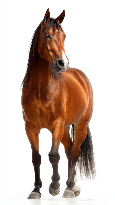 A well-built adult horse, with a clearly defined head, erect ears, bright and lively eyes, a long an预览效果
