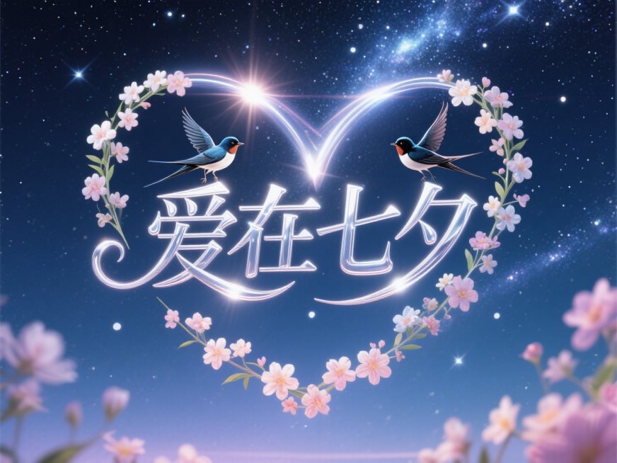 星空背景,横向银河流光笔触文字"爱在七夕",点缀2只喜鹊，花朵围成爱心形，线条流畅，高级感，高纯度配色。预览效果