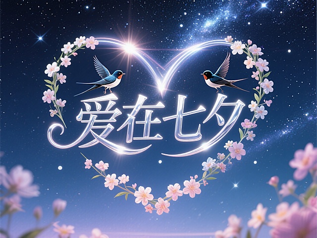 星空背景,横向银河流光笔触文字"爱在七夕",点缀2只喜鹊，花朵围成爱心形，线条流畅，高级感，高纯度配色。