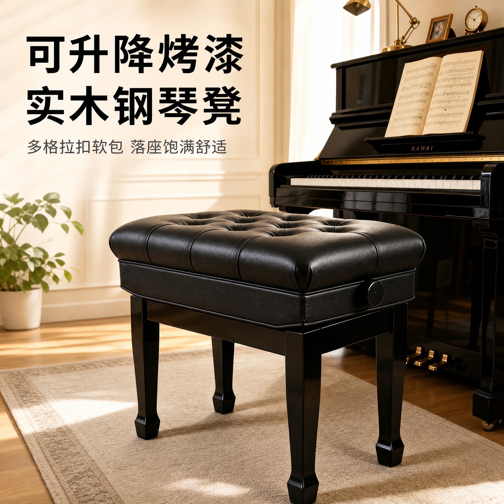 [单张主图] 单人可升降烤漆实木钢琴凳，爆款品质感主图，1:1… - 图片创意预览