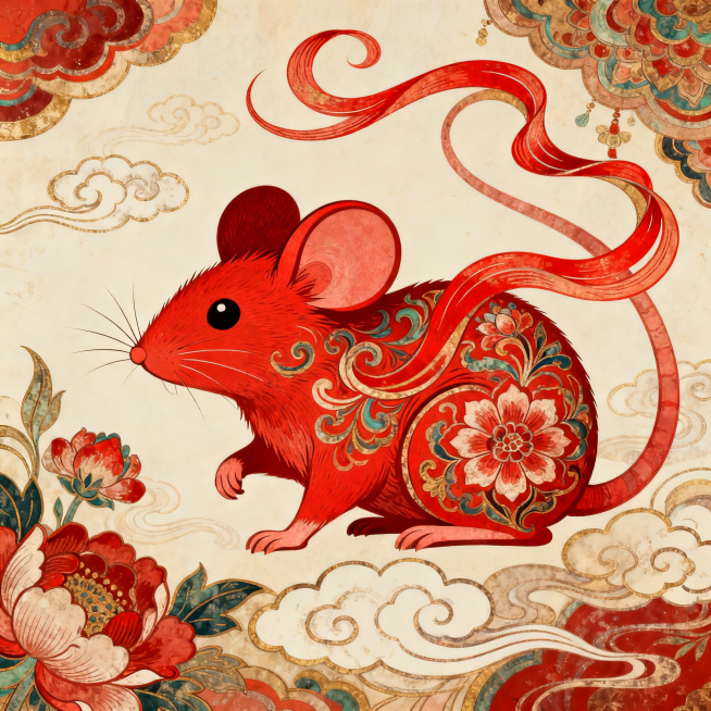 子鼠主题插画，融合中国传统风格与敦煌壁画艺术特色，红色主色调，老鼠形象融入敦煌飞天元素、祥云纹样、传统花卉图案，线条细腻流畅，色彩饱满浓郁，具有敦煌壁画特有的厚重质感和华丽装饰性预览效果
