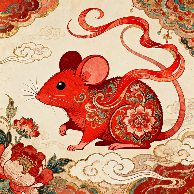 子鼠主题插画，融合中国传统风格与敦煌壁画艺术特色，红色主色调，老鼠形象融入敦煌飞天元素、祥云纹样、传统花卉图案，线条细腻流畅，色彩饱满浓郁，具有敦煌壁画特有的厚重质感和华丽装饰性