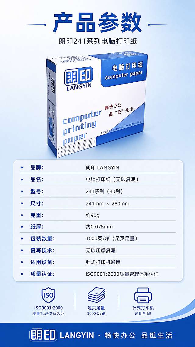 [商品] 使用【图1】朗印LANGYIN电脑打印纸包装盒（正面斜视角）；产品本体保持原样、不修改包装文字和配色，不篡改朗印logo和信息，产品形状大小不做变形；保留包装盒蓝白配色、所有包装原有文字图案与结构比例。
[画面] 第6张·产品信息参数收口（最后一张），目标是提供完整参数与购买决策信息。采用参数表型上下构图：上方为产品包装盒展示（正面斜视角，占画面约35%），下方为详细参数表格+质量认证标识。背景为浅蓝渐变，底部有品牌色装饰条。整体干净专业，信息清晰易读。
[视觉] 套系策略：风格=大品牌专业办公商业摄影，高级简约，干净利落；标题字=现代无衬线粗黑体，字重加粗；正文字=简洁无衬线中黑体；主色=朗印品牌蓝（深蓝#1A56B0）；背景延展=基于品牌蓝做深浅层级渐变、同色系蓝灰过渡、细腻哑光纸张质感；强调色=亮蓝色，仅用于小面积图标、引线、标签和装饰线条；标题色=深品牌蓝；正文色=深灰蓝；组件=圆角浅蓝底信息卡、细线引线、蓝色圆点装饰；光影=左前侧柔和冷白光，产品右侧有自然明暗过渡，整体明亮通透。
[文字] 顶部主标题"产品参数"（4字），副标题"朗印241系列电脑打印纸"。参数表（左右两列，左参数名右参数值）：品牌：朗印 LANGYIN / 品名：电脑打印纸（无碳复写） / 型号：241系列（80列） / 尺寸：241mm × 280mm / 克重：约90g / 纸厚：约0.078mm / 包装数量：1000页/箱（足页足量） / 复写技术：无碳压感复写 / 适用设备：针式打印机通用 / 质量认证：ISO9001:2000质量管理体系认证。底部品牌条："朗印 LANGYIN · 畅快办公 品纸生活"。所有文字横向排版，参数表对齐工整，手机端清晰可读。
[规格] 淘宝/天猫详情页单屏9:16竖版，4K高清，无噪点。负向提示：避免产品变形、包装文字错乱、logo篡改、颜色偏差、模糊、噪点、竖排文字、斜排文字、绝对化用语、第三方平台logo。