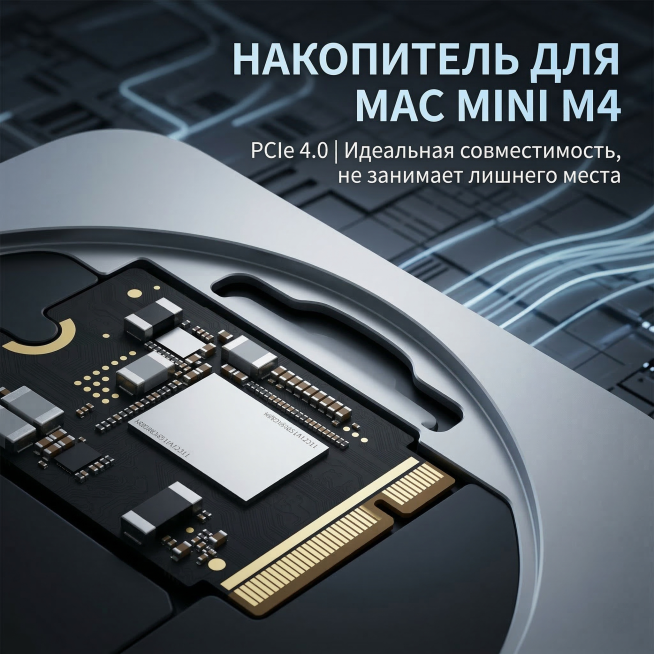 用户提供的SSD斜45°角嵌入用户上传的银灰色方形Mac mini M4机身的卡槽内部，局部特写，突出无缝适配。对角嵌入式构图，SSD占据画面左下2/3，真实Mac mini M4银色外壳轮廓做背景虚预览效果