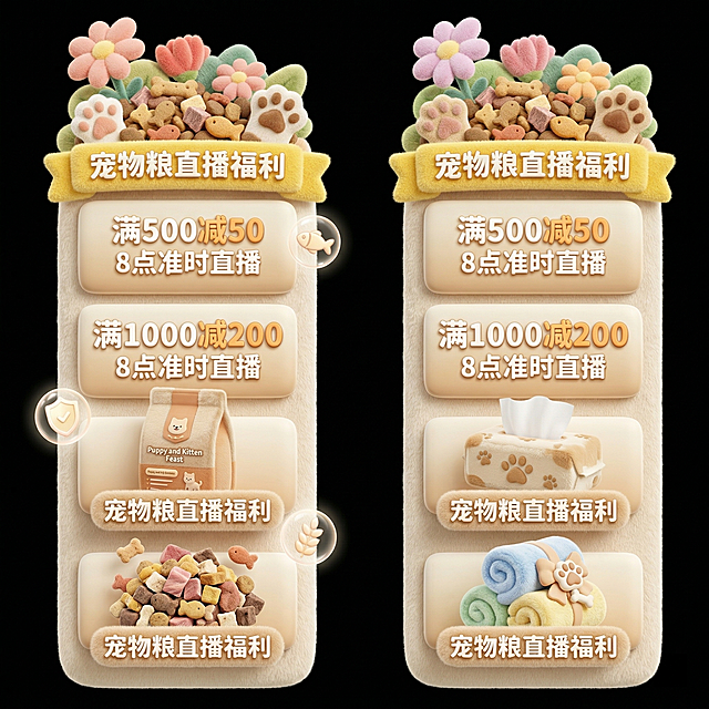 根据参考图修改为毛茸茸卡通3D风格，修改成双标签，左标签为奶油米色渐变底，做成毛绒宠物粮袋异形造型，整体柔软蓬松质感，顶部装饰3D卡通宠物粮堆，包含颗粒犬粮、猫粮小鱼形颗粒、冻干肉块，点缀毛绒猫爪、狗爪印、骨头与小鱼元素，漂浮营养图标，大字“宠物粮直播福利”使用奶白加暖橙bold立体字，字体圆润可爱