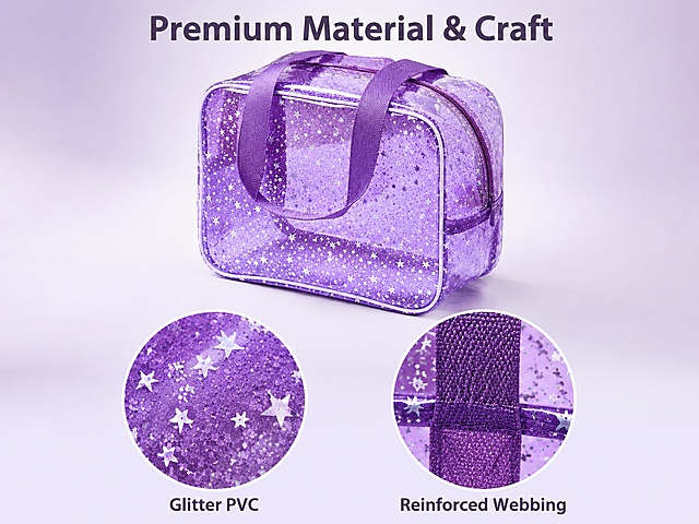 [第4屏 移动端] Amazon Premium A+ Material & Craft Mobile — Holographic Star Clear Tote Bag. 本屏使用【图1】紫色款作为材质展示主图，【图4】作为细节参考。
[氛围/风格] 高端极简跨境电商风，材质特写质感，干净专业，Amazon A+ mobile aesthetic。
[元素布局] 上方约50%放置紫色款透明手提包45°斜侧全貌；下方左右两个圆形细节特写：左侧是PVC星星闪片微距，右侧是织带提手工艺；背景淡紫灰渐变。
[光影质感] 柔和侧光突出PVC通透感与闪片光泽，细节清晰。
[配色色系] 全局底色 #F3F0F8 淡紫灰；主色紫色包身；辅助色白色、深灰文字。
[视角构图] 上下布局，上产品下细节，阅读动线上产品 → 下两细节从左到右。
[文字版式] 顶部标题「Premium Material & Craft」；下方两圆形细节图下各配标题：「Glitter PVC」「Reinforced Webbing」；所有文字英文，清晰可读。
[比例分辨率] 4:3 横版比例，4K分辨率，文字清晰，高清画质。
[负向提示词] 变形，水印，文字错乱，文字过小，缺件错件，结构错误，颜色偏差，产品图模糊，背景杂乱，中文字符