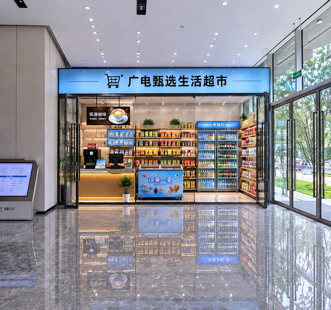将图片中的便利店门头广告、柜台和商品货架整体向前移动，将便利店… - 图片创意预览