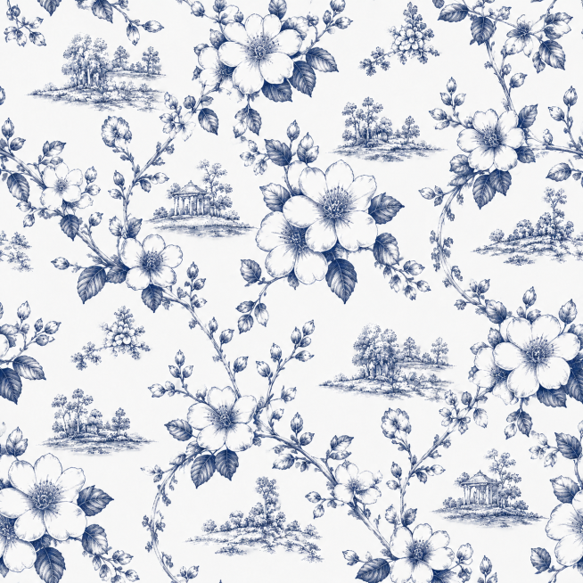 保持法式茹伊印花风格Toile de Jouy，在原图基础上，调整茉莉花枝条更细一些，放大茉莉花花朵尺寸，保留四方连续无缝循环结构，深靛蓝白底配色，版画线条感不变预览效果