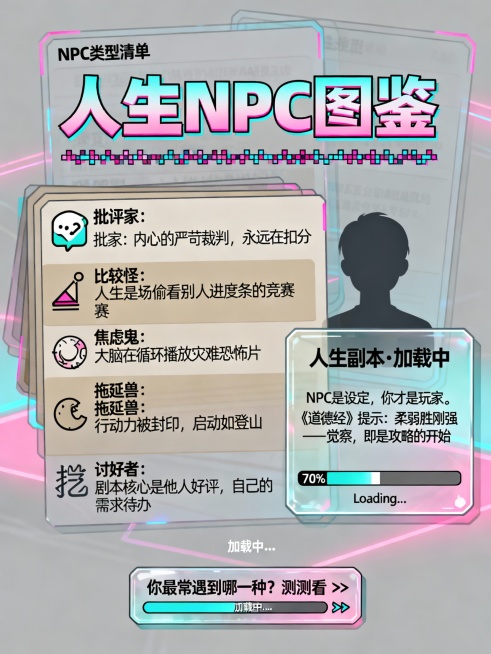 风格： 现代简约扁平插画 + 轻度酸性美学 + 游戏UI（HUD）元素。
色调： 主色调为低饱和的莫兰迪色（灰粉、灰蓝、卡其），搭配霓虹荧光色（赛博青、玫红）作为高光点缀。
构图： 中央主标题，信息以预览效果