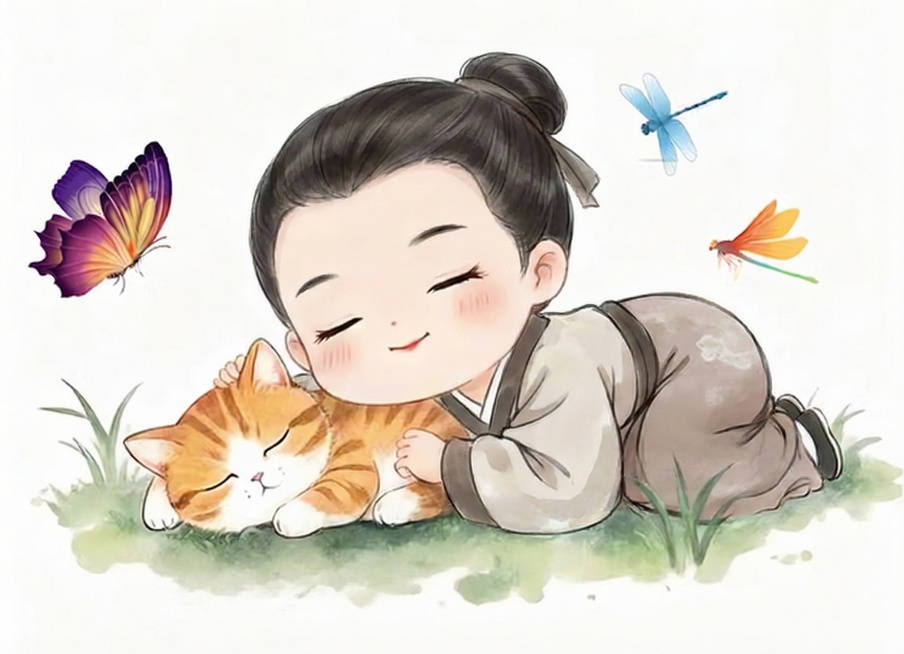 同样温馨的男孩和小猫在草地上的水墨画预览效果