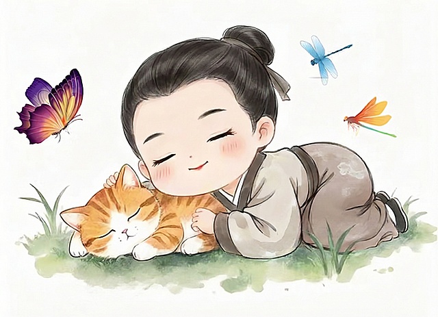 同样温馨的男孩和小猫在草地上的水墨画