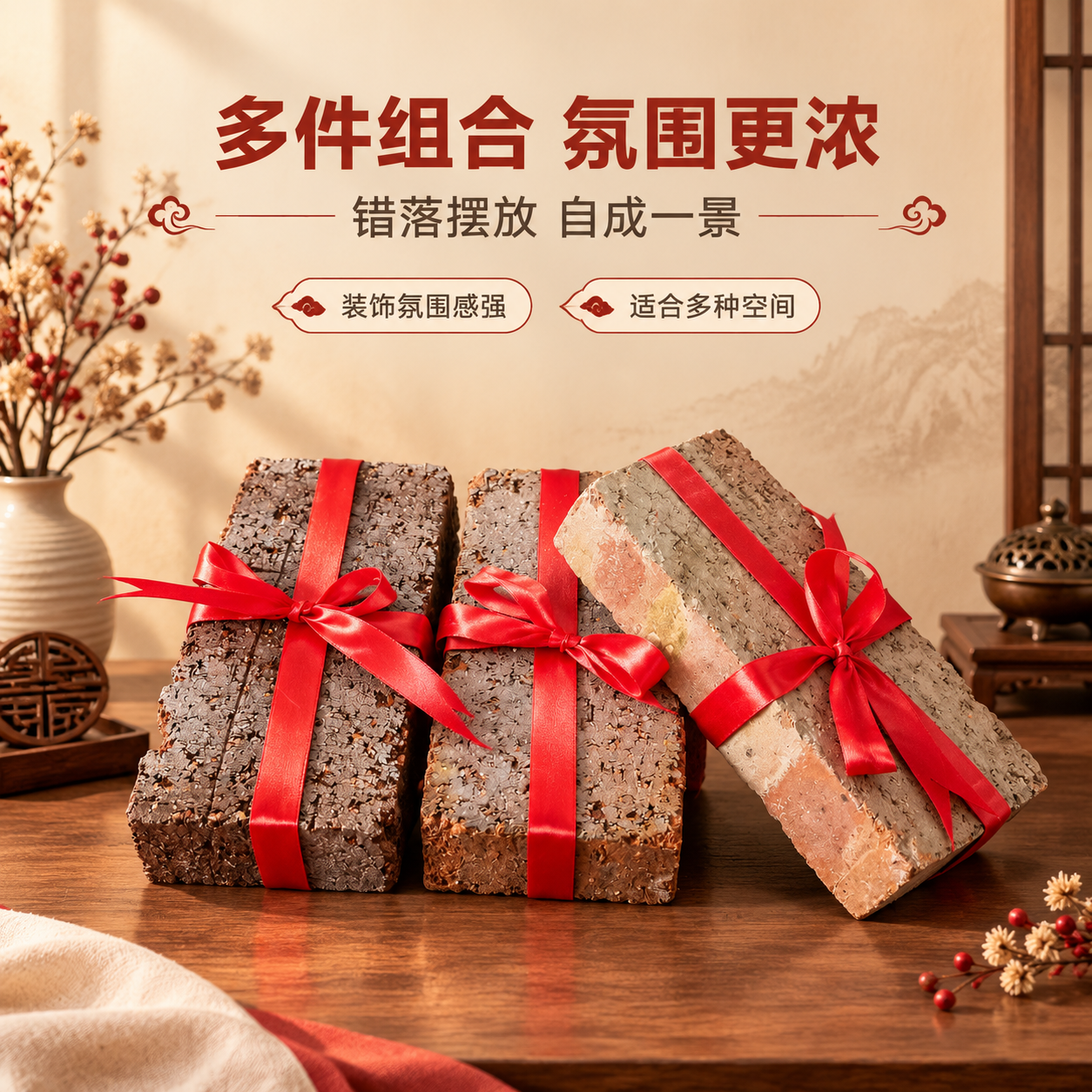 [商品] 使用【图5】三块红砖捆红绳摆件组合；保留每块砖的肌理… - 图片创意预览