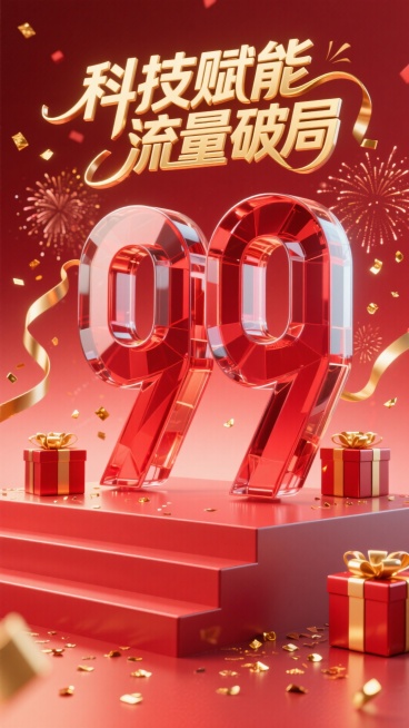 红色玻璃立体字 “99” ，上方搭配金色 “科技赋能 流量破局” 艺术字。周围环绕红金礼盒、金色丝带、烟花、碎金片，背景为红色渐变，底部有红色阶梯展台，整体风格热烈喜庆预览效果