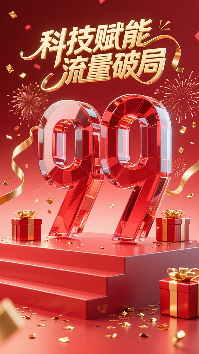 红色玻璃立体字 “99” ，上方搭配金色 “科技赋能 流量破局” 艺术字。周围环绕红金礼盒、金色丝带、烟花、碎金片，背景为红色渐变，底部有红色阶梯展台，整体风格热烈喜庆