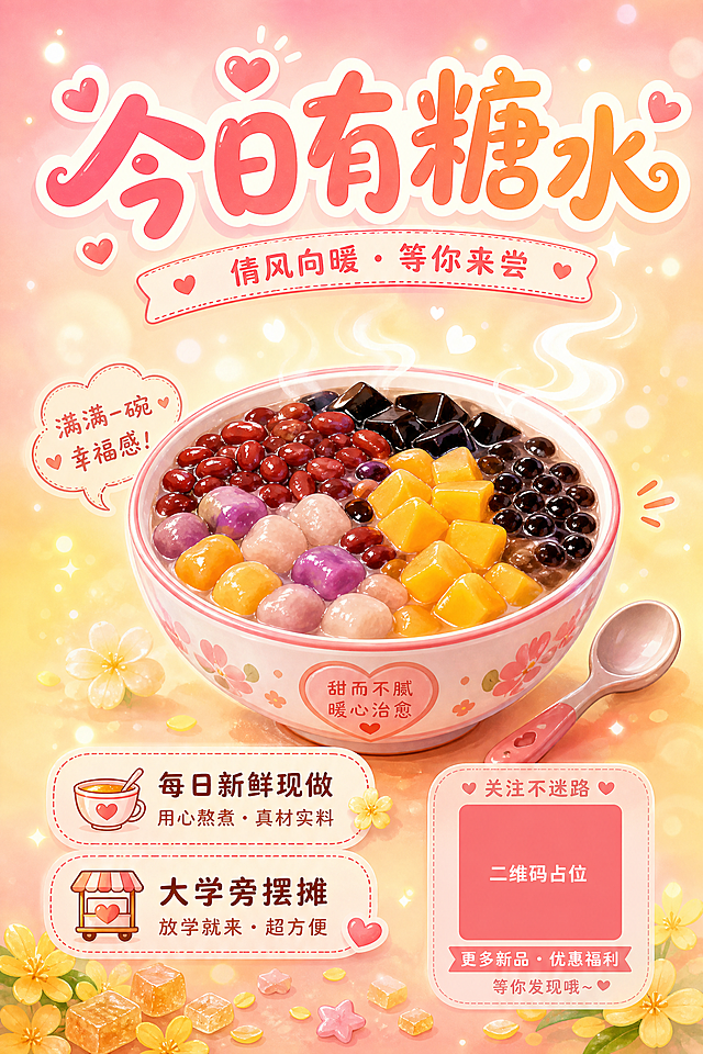 可爱治愈系糖水铺侧面灯箱，竖版2:3构图。顶部主标题「今日有糖水」使用圆滚滚手写体，粉橘渐变色，带小爱心装饰。副标题「倩风向暖 · 等你来尝」位于下方。画面中央是一大碗超级丰富的糖水：芋圆、红豆、仙草冻、珍珠、芒果丁，色彩缤纷，碗边冒着可爱的热气线条，旁边放一把小勺子。下方文字「每日新鲜现做」「大学旁摆摊」，分两行，配小图标。底部散落桂花、小糖块、星星点点的光斑。背景为暖粉到浅黄的渐变，有朦胧的光晕感，少女心满满。整体风格可爱治愈，暖粉橘色调，吸引学生女生，版式精美，文字清晰可读，四周留安全边距。画面中所有信息区域必须填充完整合理的内容，不得出现空白框。画面中所有二维码区域使用纯色方块占位符呈现，方块中央标注"二维码占位"文字，严禁生成任何可识别的二维码图案。