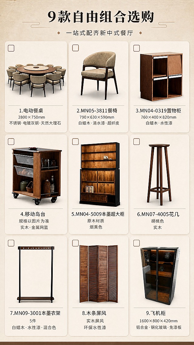 [商品] 使用全部10张产品图：【图10】电动餐桌椅、【图3】移动岛台、【图4】置物柜、【图5】本墨超大柜、【图6】餐边柜、【图7】飞机柜、【图8】衣架、【图9】花几、【图2】木条屏风；保留每款产品的结构、颜色、材质、比例不变；商品处理：统一光影与背景，使9款产品视觉风格统一，每款产品清晰展示全貌，不改变任何产品结构。
[画面] 页面目标：9款产品总览矩阵，九宫格勾选框形式平铺展示，不分主次。构图：3×3九宫格矩阵，共9个产品卡片均匀分布；每个卡片为独立选项，左上角带方形勾选框（未勾选状态）；卡片内上方为产品图，下方为产品名称+规格+材质关键词三行信息；顶部通栏标题区，底部留窄边；阅读动线从上至下、从左至右逐格浏览；背景为浅米色纸质感底。
[视觉] 套系策略：风格=新中式禅意高级商业摄影；标题字=宋体衬线粗体；正文字=简洁无衬线体；主色=烟熏胡桃棕；背景延展=基于烟熏胡桃棕做深浅层级、同色渐变和细腻木纹/纸质感；强调色=电镀灰钢色，仅用于小面积图标、引线、标签和金属点缀；标题色=深炭灰黑；正文色=中暖灰；组件=圆角浅底信息卡、细线引线、方形勾选框；光影=左前侧暖柔光，柔和漫反射，阴影自然过渡。
[文字] 顶部主标题「9款自由组合选购」（7字），副标题「一站式配齐新中式餐厅」；九宫格每款卡片文字（从左到右从上到下）：
1.电动餐桌｜2800×750mm｜不锈钢·电镀灰钢·天然大理石
2.MN05-3811餐椅｜790×630×590mm｜白蜡木·清水漆·超纤皮
3.MN04-0319置物柜｜760×400×820mm｜白蜡木·水性漆
4.移动岛台｜规格以图片为准｜实木·金属网篮
5.MN04-5009本墨超大柜｜原木材质｜烟熏色
6.MN07-4005花几｜胡桃色｜实木
7.MN09-3001本墨衣架｜5件｜白蜡木·水性漆·混合色
8.木条屏风｜实木屏风｜环保水性漆
9.飞机柜｜1600×800×420mm｜铝合金·钢化玻璃·免漆板
文字全部横向排版，每卡片内字号手机端可读。
[规格] 图片比例9:16竖版，分辨率4K，quality=medium；负向提示：避免变形、错字、文字过小、冷蓝/蓝灰背景、产品颜色改变、结构失真、极限词、二维码、水印、平台Logo、某款突出放大。