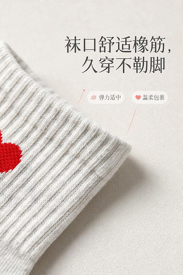 [商品] 使用【图6】女款浅灰白色爱心刺绣中筒袜袜口特写图；商品处理：100%继承原袜子的针织面料、纱线纹理、织物颗粒、原有红色爱心印花、褶皱、明暗光影，袜子质感完全复刻原图，禁止重新生成袜子材质。仅适配环境光影，袜子本身纹路细节不做美化、不抹平颗粒，不要塑料光滑感。真实实拍，纪实质感，不过度修图。
[画面] 袜口细节展示页，目标突出袜口橡筋舒适不勒的特点。画面左侧为袜口部位超近景特写，清晰展示橡筋罗纹纹理和弹性质感，右侧留白放文案卖点。背景为浅米色哑光质感，柔和光线打在袜口上，突出针织纹理的细腻层次。袜口特写占画面约55%。
[视觉] 套系策略：风格=时尚高级纪实商业摄影；标题字=现代简约无衬线粗体；正文字=简洁无衬线体；主色=米白浅灰调；背景延展=基于米白浅灰做深浅层级、同色渐变和细腻织物/哑光质感；强调色=温柔珊瑚红，仅用于小面积图标、引线和标题点缀；标题色=深炭灰；正文色=中暖灰；组件=圆角浅底信息卡、细线引线；光影=左前侧明亮柔光，自然真实。
[文字] 右侧上方主标题"袜口舒适橡筋，久穿不勒脚"，下方两个卖点："弹力适中""温柔包裹"，配小图标，文字横向排版，不遮挡袜口细节主体。
[规格] 图片比例2:3竖版，分辨率2K，负向提示：避免袜子材质改变、针织纹理丢失、塑料光滑感、过度磨皮、文字竖排、错字、极限词、低俗擦边、第三方平台logo。