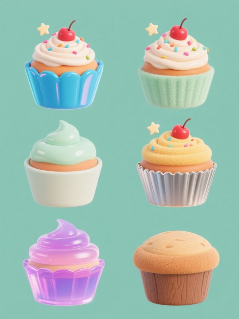 六个规整排布的系列素材集合，每个素材均为相同造型的卡通风格纸杯蛋糕，顶部有奶油漩涡和一颗樱桃，奶油上点缀彩色糖屑，周围有两颗小星星，采用纯色背景，分别呈现完全不同的材质质感：1. 光滑亮面的塑料质感，色彩为鲜艳的宝蓝色系；2. 磨砂哑光的陶瓷质感，色彩为柔和的淡绿色系；3. 带有细小绒毛的植绒质感，色彩为温暖的橙黄色系；4. 金属拉丝质感，色彩为冷调的银灰色系；5. 半透明的果冻质感，色彩为梦……预览效果