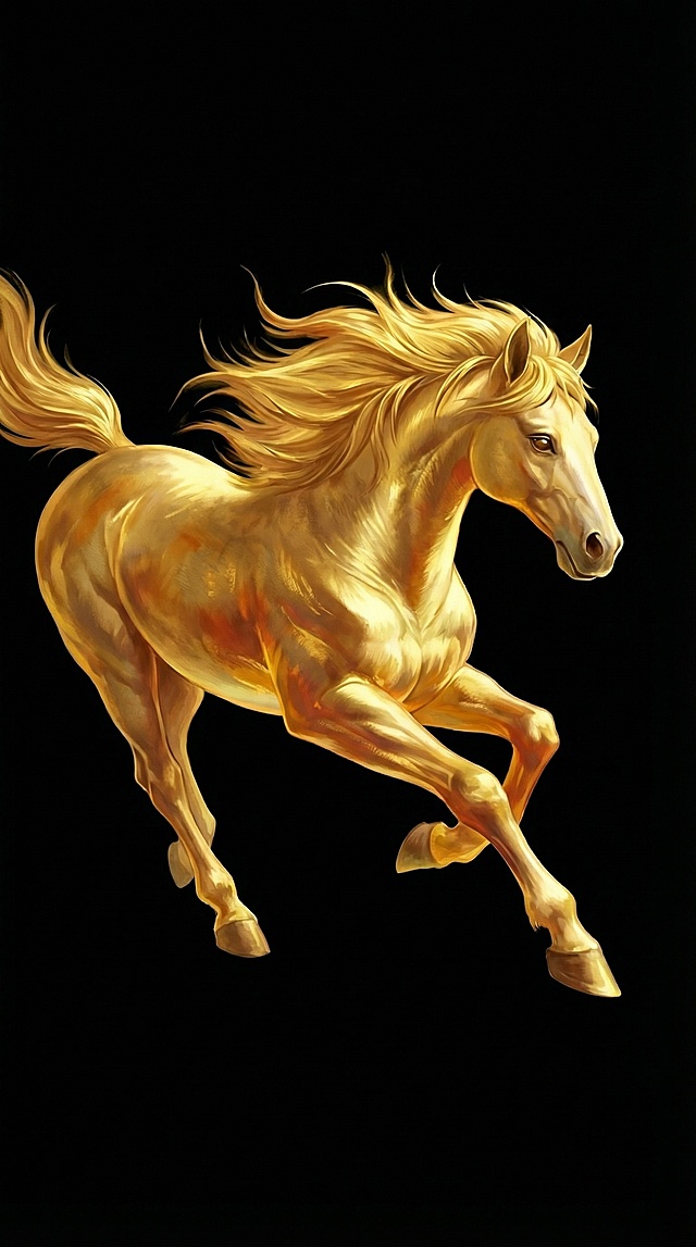 抠出保留画面中金色马匹，补全扣出后的金色马匹，放在纯黑色背景上