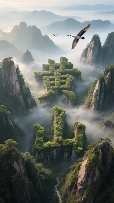 气势磅礴的"黄山"三维地形字俯瞰图，每个笔画由自然山体排列成字形，每座山峰带不同植被和沟壑细节，中国黄山的自然景观场景，晨雾在山谷间流动，使用大气散射营造景深，大雁飞过预览效果