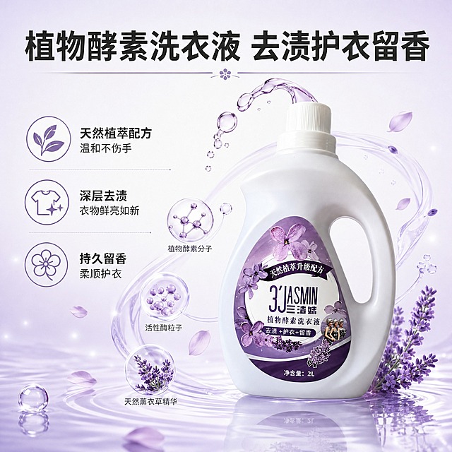 [商品] 使用【图3】植物酵素洗衣液产品；保留白色大瓶形状、侧把手、白色瓶盖、紫色水滴形标签、紫色花朵图案、"3'JASMIN 三洁妹 植物酵素洗衣液"文字和2L净含量，瓶身标签文字清晰化，不改变商品原貌。
[画面] 详情页第5张·洗衣液功效演示，目标是展示植物酵素配方的去渍护衣留香原理。采用机理可视化版式。画面中央偏右是洗衣液大瓶产品图，占画面约45%，瓶口有少量紫色透明洗衣液液体流出，形成优美的液滴弧线。左侧和下方是植物酵素分子、紫色花瓣、薰衣草花束、活性酶粒子等微观元素可视化，环绕产品周围，象征天然植萃配方。背景是浅紫白渐变，有柔和光晕，底部有水面波纹和倒影，营造清新洁净的洗护氛围。
[视觉] 套系策略：风格=国内电商洁净温馨商业摄影风；标题字=粗黑体无衬线；正文字=常规黑体无衬线；主色=暖白+浅紫；背景延展=基于暖白浅紫做渐变层级、柔光水波纹质感；强调色=紫色，仅用于活性分子、图标和重点标注；标题色=深炭灰；正文色=中暖灰；组件=圆形机理示意、细线引线、花瓣装饰元素；光影=柔和侧逆光勾勒瓶身轮廓，液体晶莹有折射，整体清新通透。
[文字] 顶部主标题大字："植物酵素洗衣液 去渍护衣留香"。左侧三个卖点竖排："天然植萃配方 温和不伤手""深层去渍 衣物鲜亮如新""持久留香 柔顺护衣"。每个卖点配一个简约小图标。文字均为横排，字号适中。
[规格] 图片比例1:1正方形，2048x2048，2K分辨率。避免变形、错字、模糊、水印、平台Logo、绝对化用语、乱字乱码。机理元素清新不夸张。