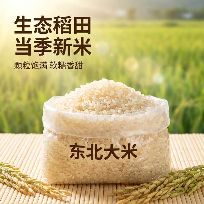 [主图 1] 东北大米主图场景展示，突出新鲜天然食欲感
[氛围风格] 自然原生态，新鲜健康的粮食氛围
[画质] 商业摄影质感、光线柔和通透、大米颗粒清晰真实、画面干净高级
[元素] 一袋真空包装大米居预览效果
