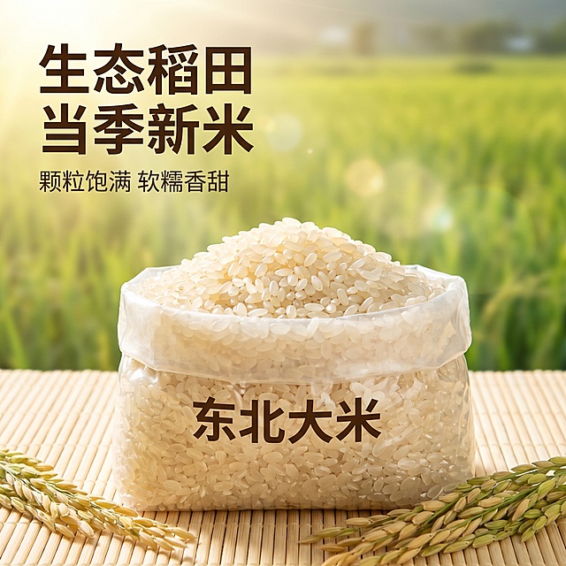 [主图 1] 东北大米主图场景展示，突出新鲜天然食欲感
[氛围风格] 自然原生态，新鲜健康的粮食氛围
[画质] 商业摄影质感、光线柔和通透、大米颗粒清晰真实、画面干净高级
[元素] 一袋真空包装大米居中放置，旁边散落着晶莹饱满的珍珠大米，铺在浅原木色竹席上，背景是绿色稻田远景虚化，前景撒着半开的稻穗。商品主体占比严格控制在 60%-80% 之间，画面满屏无边框。
[光影] 自然清晨暖光从侧上方照射，逆光穿透米粒呈现半透明光泽，稻田背景有柔和光斑，整体光线温暖通透，明暗层次自然
[配色] 主色调米白+浅绿，暖金色光影点缀，自然清新
[视角构图] 平视角度，景深适中，产品在视觉中心，轮廓完整不裁切
[文字版式] 左上负空间左对齐留安全边距，主标题“生态稻田 当季新米”深棕色大号粗体无衬线字体，副标题“颗粒饱满 软糯香甜”约半高同色系。整体文字清晰不遮挡主体。
[比例分辨率] 1:1 比例，2k 分辨率，文字清晰锐利，超高清
[负向提示词] 变形，水印，文字错乱，产品图模糊，背景杂乱，夸张过度，失真