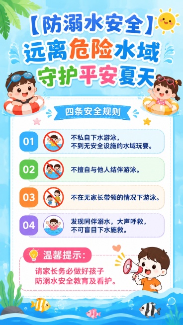 幼儿园防溺水安全宣传海报，风格轻快可爱卡通，标题"【防溺水安全】远离危险水域 守护平安夏天"，包含四条安全规则和温馨提示，背景浅蓝色夏日水波纹元素，搭配卡通游泳圈和小鱼图案，文案："不私自下水游泳，不预览效果