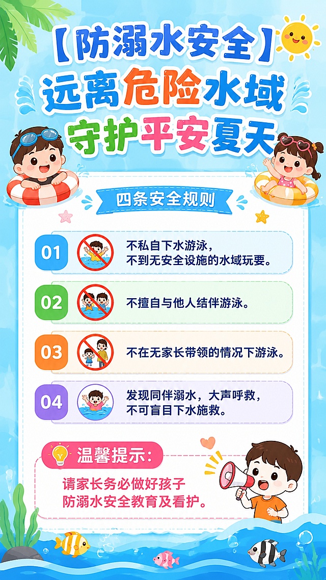 幼儿园防溺水安全宣传海报，风格轻快可爱卡通，标题"【防溺水安全】远离危险水域 守护平安夏天"，包含四条安全规则和温馨提示，背景浅蓝色夏日水波纹元素，搭配卡通游泳圈和小鱼图案，文案："不私自下水游泳，不到无安全设施的水域玩耍。不擅自与他人结伴游泳。不在无家长带领的情况下游泳。发现同伴溺水，大声呼救，不可盲目下水施救。💡温馨提示：请家长务必做好孩子防溺水安全教育及看护。"，所有文字清晰可读，排版分区清晰，9:16竖版，整体风格活泼可爱