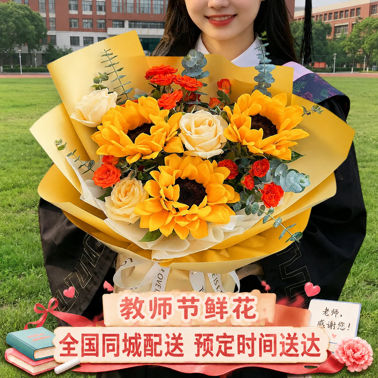 参考第一张图的格式，在这张花束图片底部添加相同风格的教师节促销… - 图片创意预览