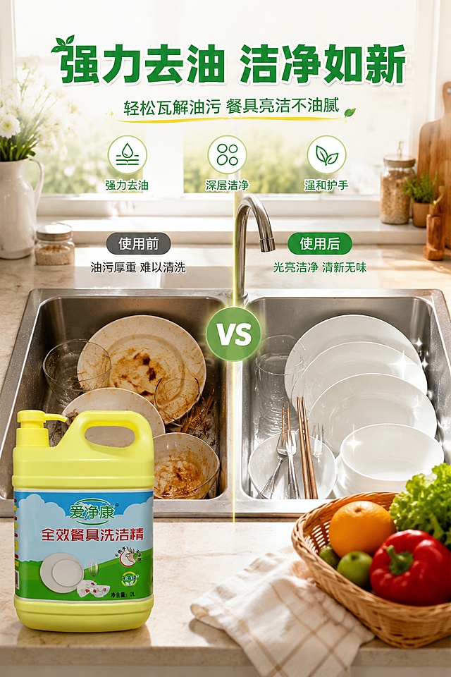 电商详情页第3张，使用场景展示，家庭厨房场景，水槽里有带油污的餐具，使用爱净康洗洁精后变得光亮洁净，前后对比效果，体现清洁力强，温馨生活化风格，竖版详情页