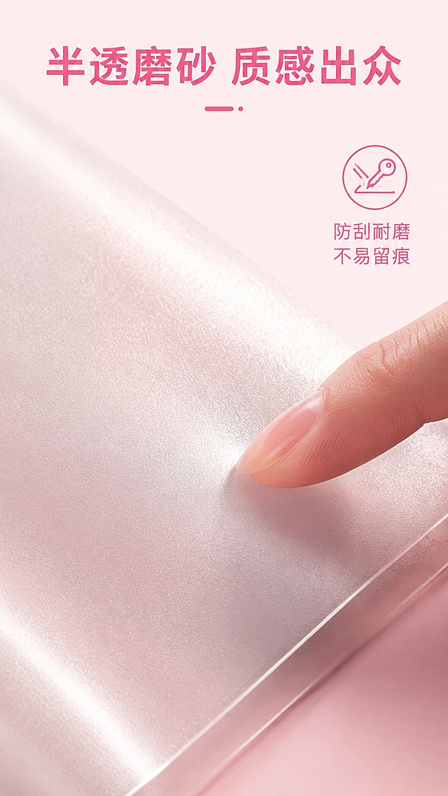 [第7屏] 材质微距特写屏，展示磨砂封面质感。本屏使用【图8】展示封面材质。
[氛围/风格] 材质特写商业风格，突出质感，粉色背景衬托。
[元素布局] 封面局部放大特写，占画面约70%，手指轻触封面展示磨砂质感；产品材质纹理与输入图片保持一致。背景浅粉色渐变，突出主体材质。
[光影质感] 侧光打亮，突出磨砂纹理颗粒感，明暗对比清晰，质感真实可信。
[配色色系] 全局底色 #FFEEF5，主体半透磨砂白色，文字深粉色。
[视角构图] 微距特写视角，聚焦材质纹理，视觉中心在手指和封面接触位置。
[文字版式] 顶部主标题「半透磨砂 质感出众」，右侧标注「防刮耐磨 不易留痕」，文字简洁清晰，不遮挡材质特写。
[比例分辨率] 9:16 竖版比例，4K分辨率，高清画质。
[负向提示词] 纹理模糊，材质失真，手指变形，颜色偏差，水印。