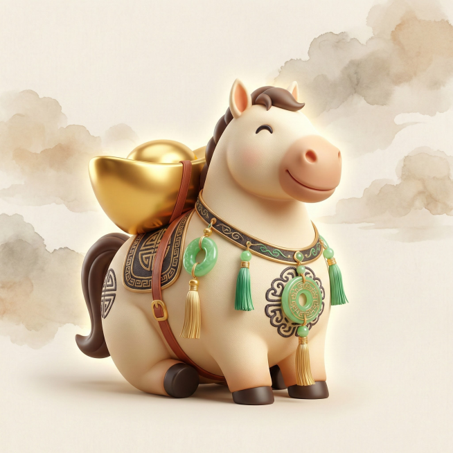 3D ，可爱的风格，卡通风格，Q版，一只胖乎乎的马，背上有个金元宝，圆润，中式配饰，有光泽，写实，高细节，东方艺术，全身，简约背景预览效果